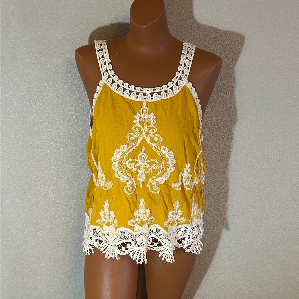 Ultra Pink Mustard Tank Top with White Lace